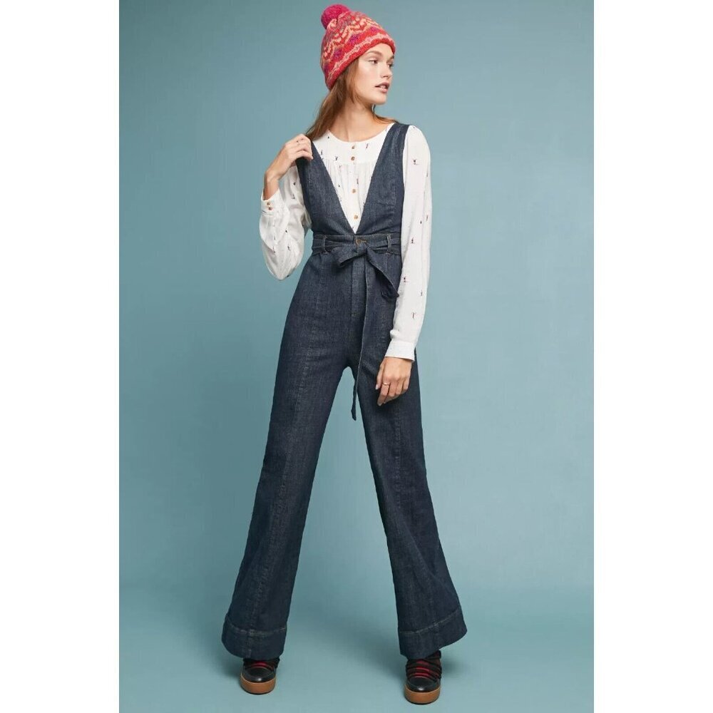 NWT Anthropologie Pilcro Denim Jumpsuit Plunging V-neck Belted Overall 2 x 32